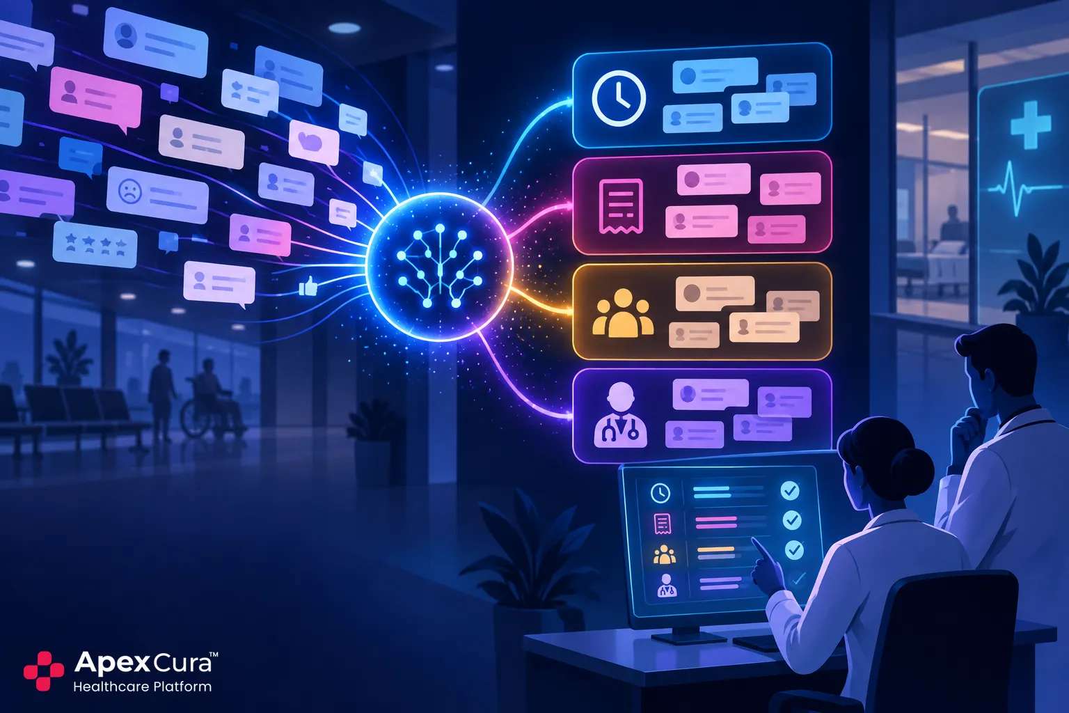 AI grouping hospital patient comments into recurring experience themes for management review