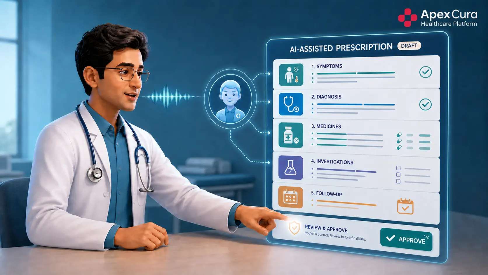 Doctor using voice instructions to create and approve a structured AI-assisted hospital prescription