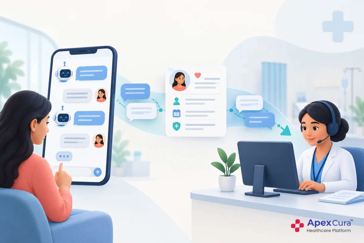 Patient switching from a hospital chatbot to a live agent with a headset, who sees the earlier chat and the patient’s details