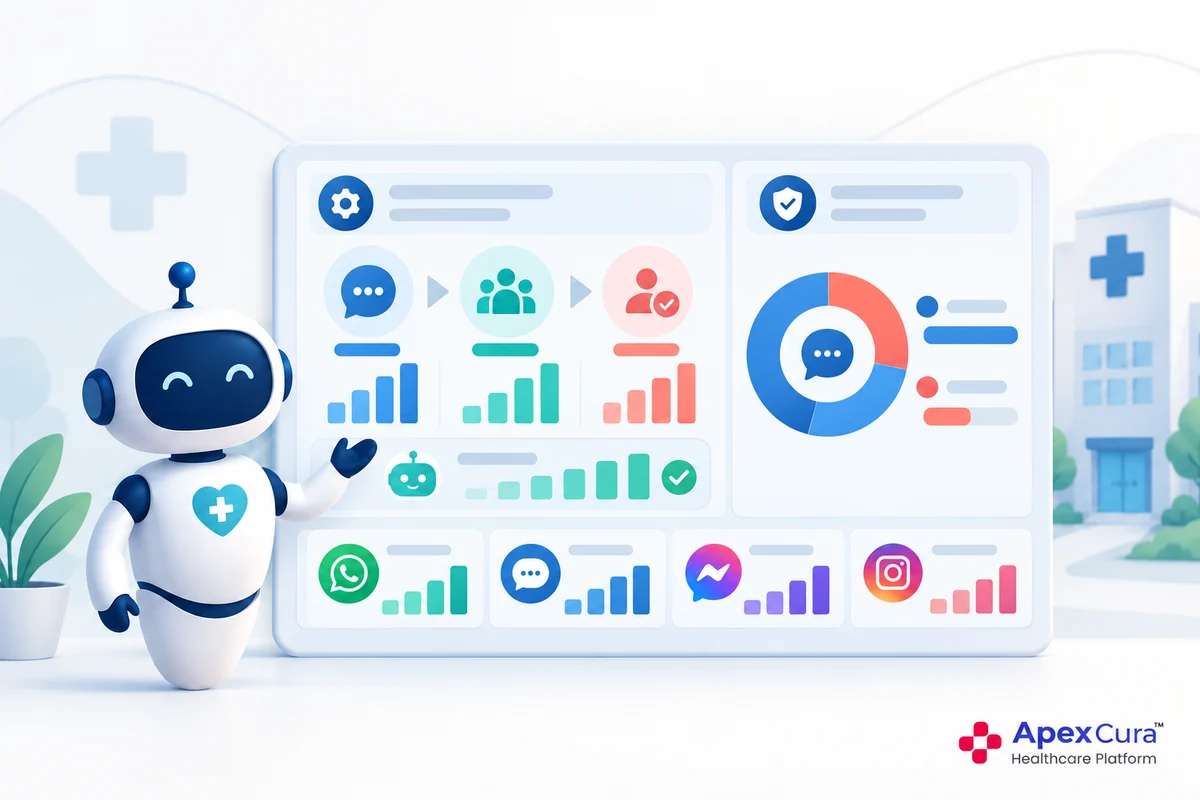 Hospital chatbot performance dashboard showing patient usage, leads, conversions, self-service transactions and answer rates by channel