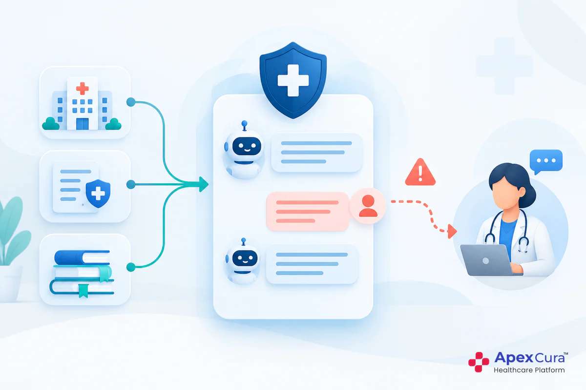 Hospital chatbot answering from approved hospital information sources and passing a question it cannot answer to a staff member
