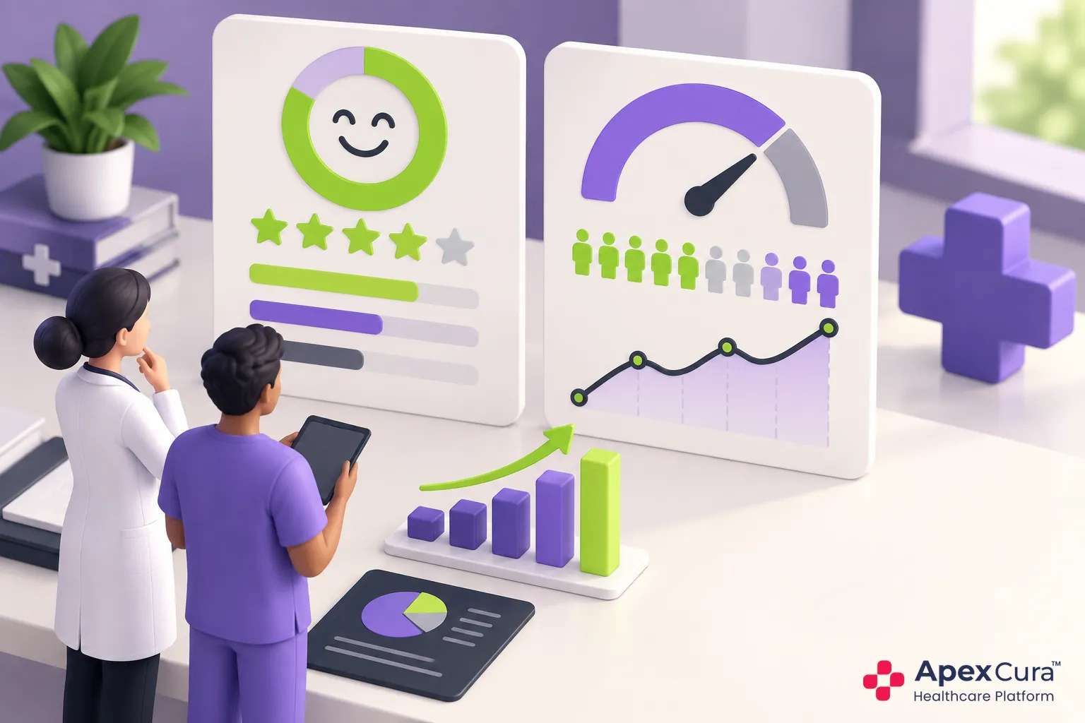 Hospital patient feedback dashboard comparing CSAT and NPS across departments and branches