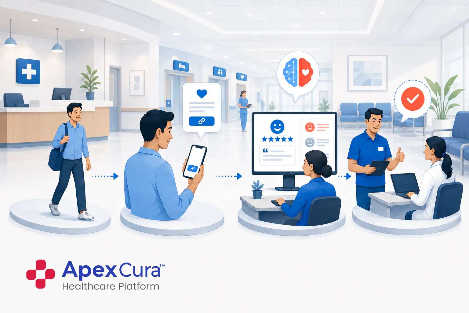Patient feedback software workflow from a completed hospital visit to digital feedback analysis and accountable service recovery