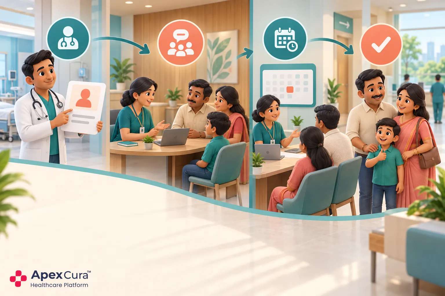 Hospital counsellor reviewing a patient financial counselling case with a family in a private counselling room