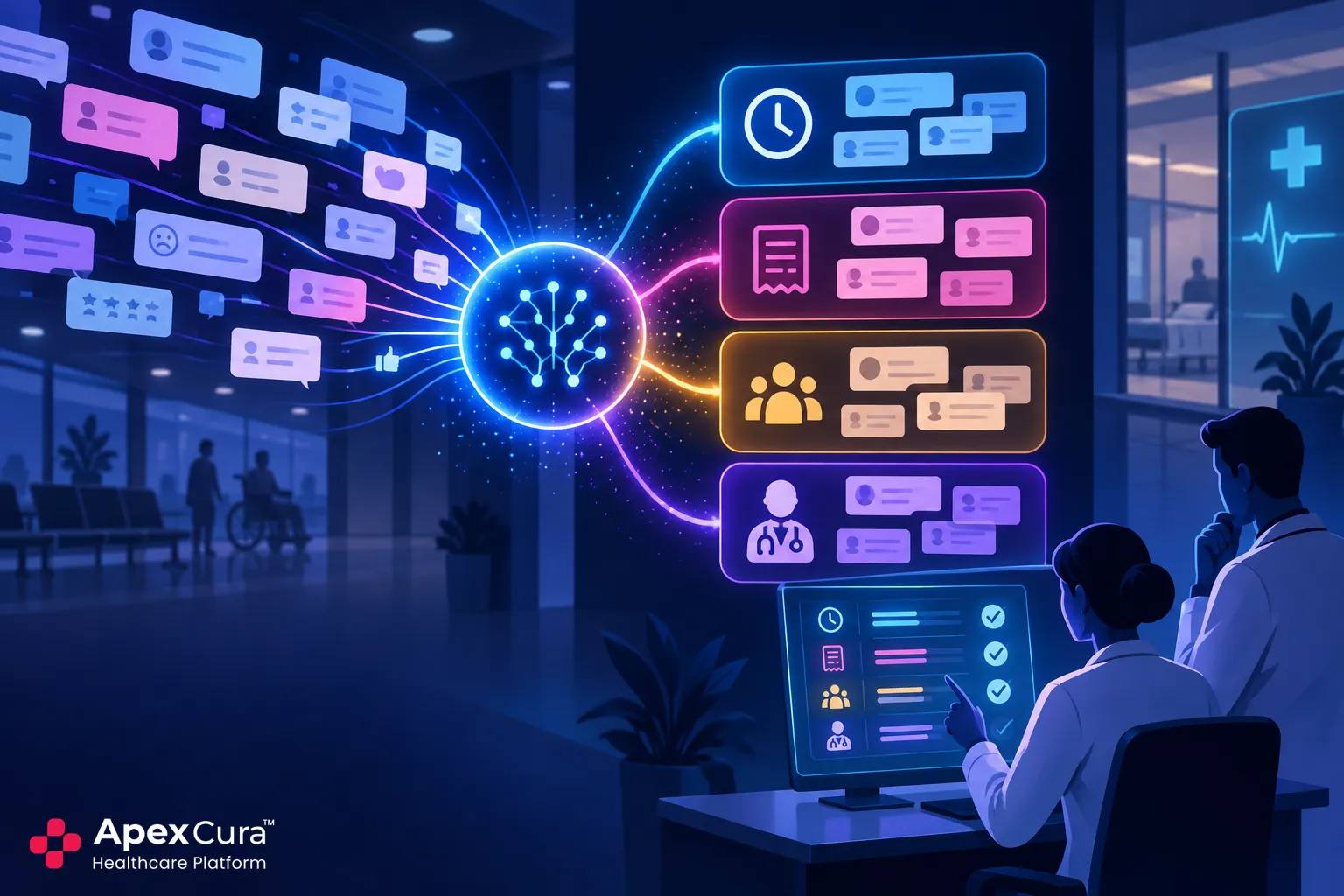 AI grouping hospital patient comments into recurring experience themes for management review
