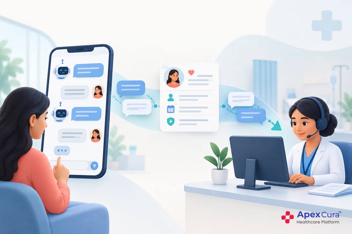 Patient switching from a hospital chatbot to a live agent with a headset, who sees the earlier chat and the patient’s details