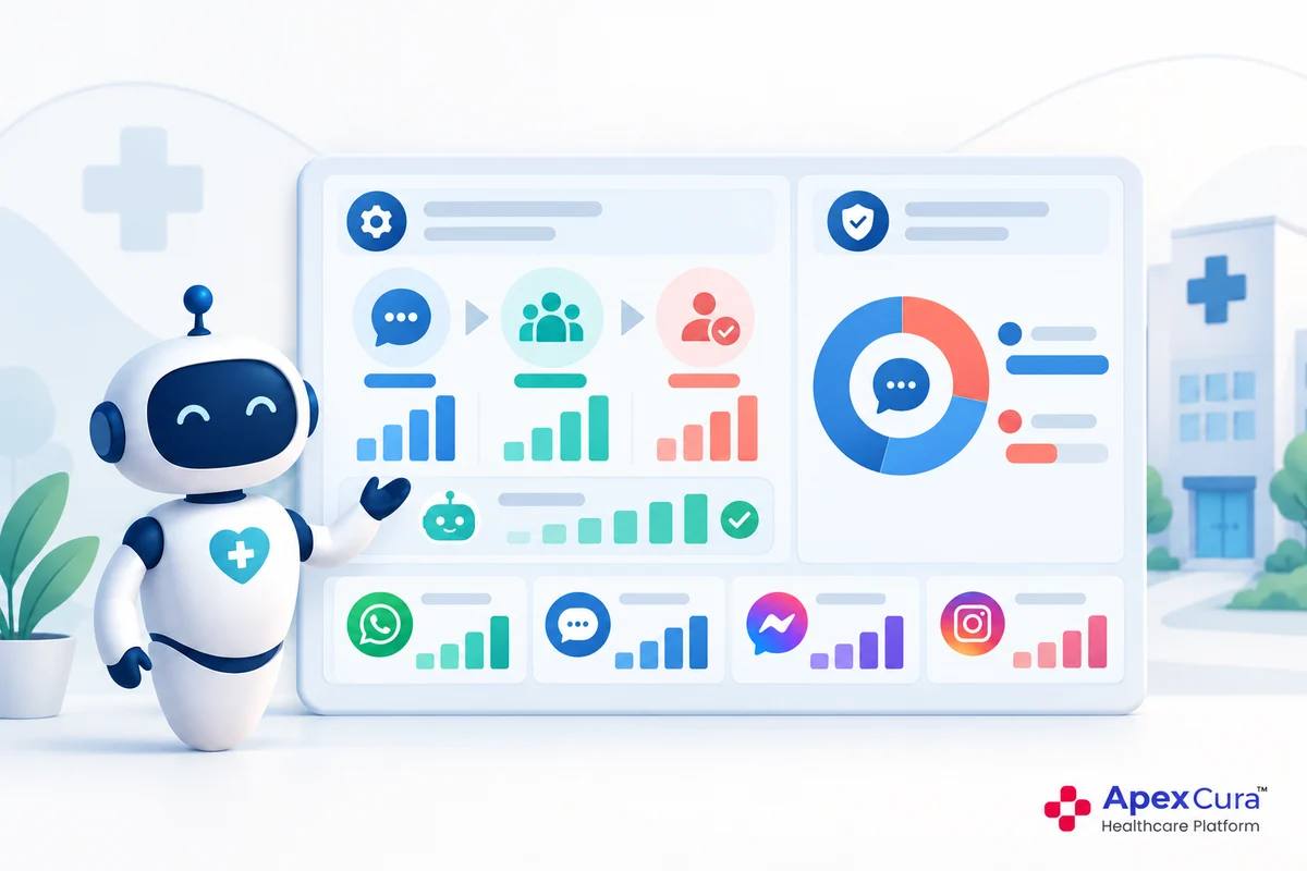 Hospital chatbot performance dashboard showing patient usage, leads, conversions, self-service transactions and answer rates by channel