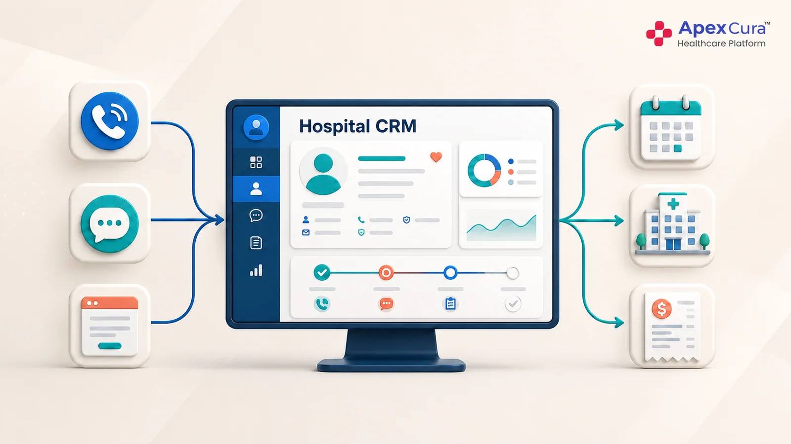 Hospital CRM software connecting patient enquiries from calls, messages and websites with appointments, visits and revenue outcomes