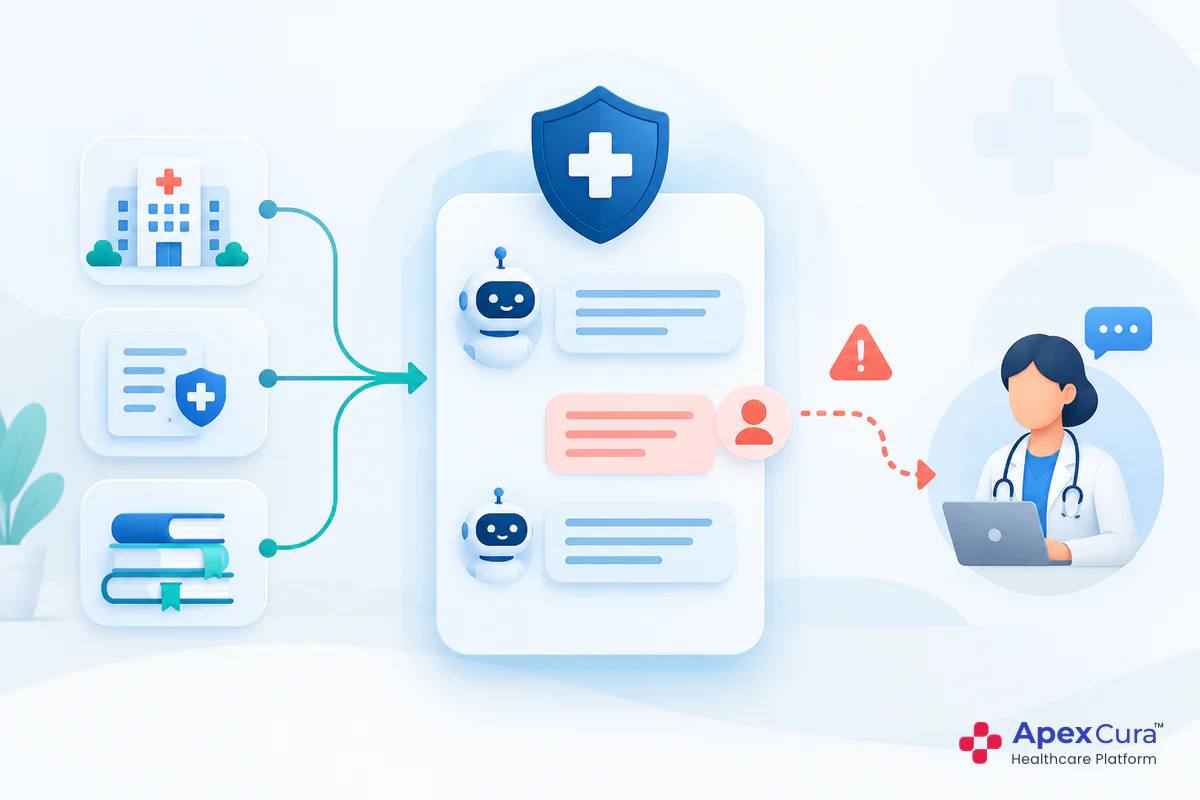 Hospital chatbot answering from approved hospital information sources and passing a question it cannot answer to a staff member