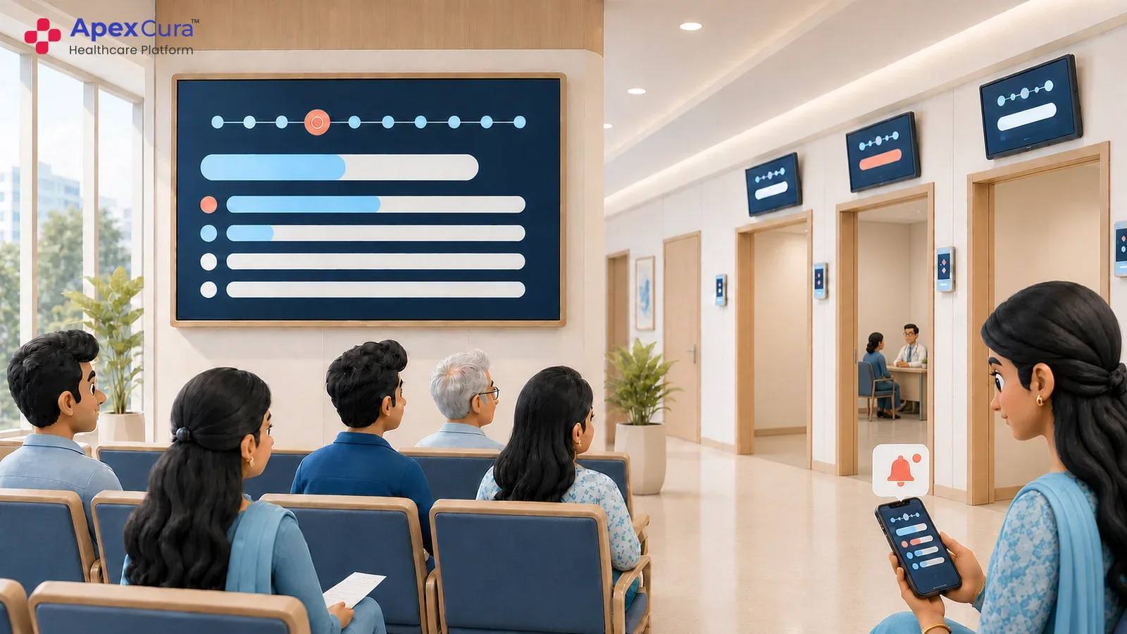 Hospital OPD queue display showing live token numbers, doctor status, consultation rooms and patient updates