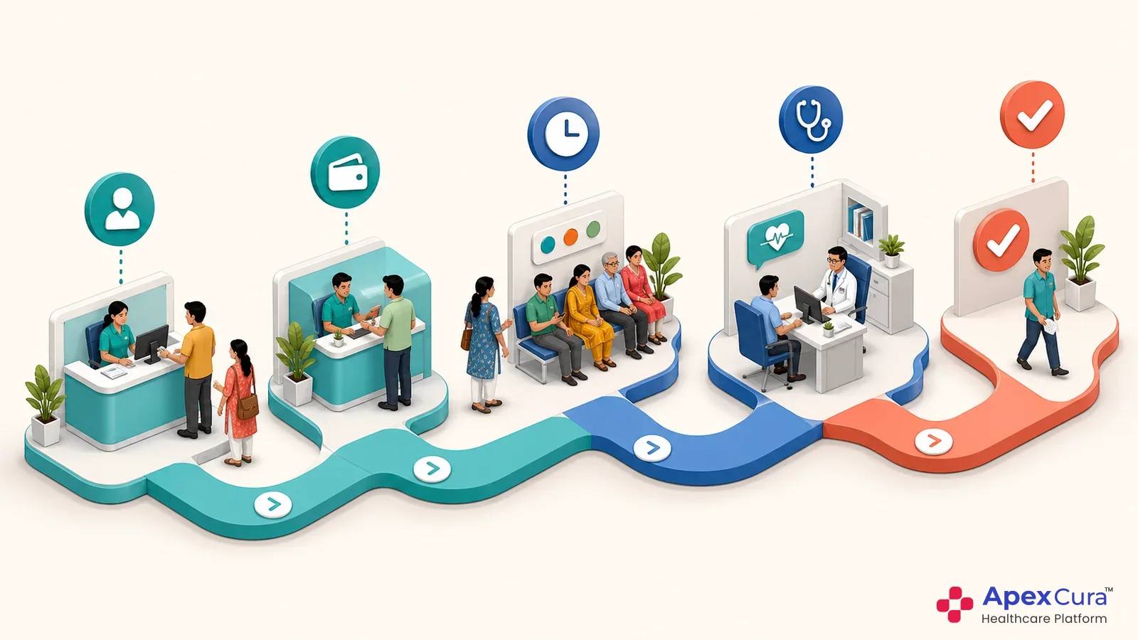 OPD queue management workflow connecting hospital registration, billing, waiting patients and doctor consultations