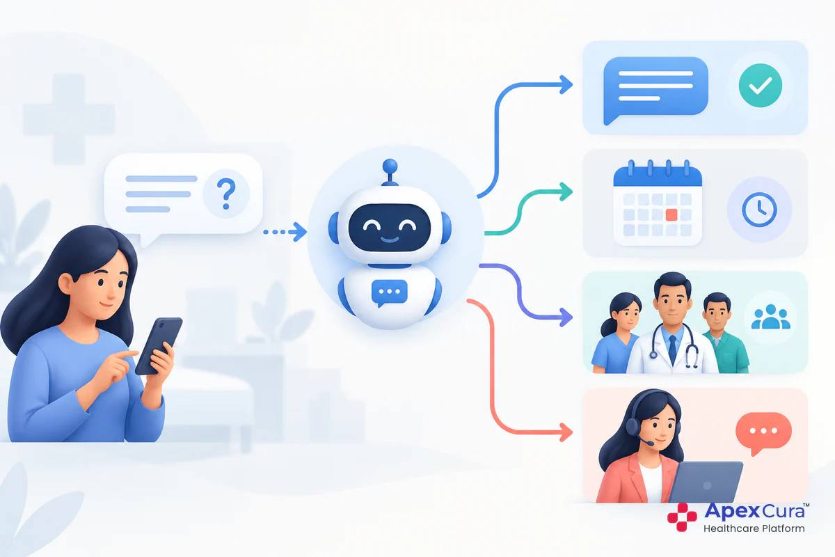 Patient question routed by a hospital chatbot to an answer, an appointment booking, the hospital team or a call centre agent
