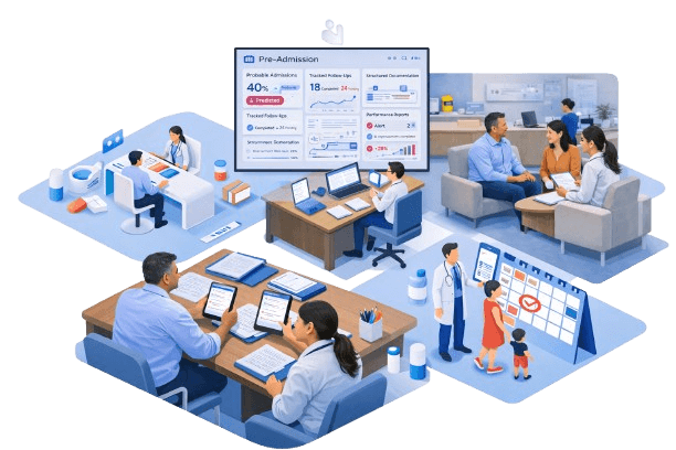 Pre-admission patient counseling dashboard showing predicted IP admissions, tracked follow-ups, structured documentation, and performance reports in a hospital setting