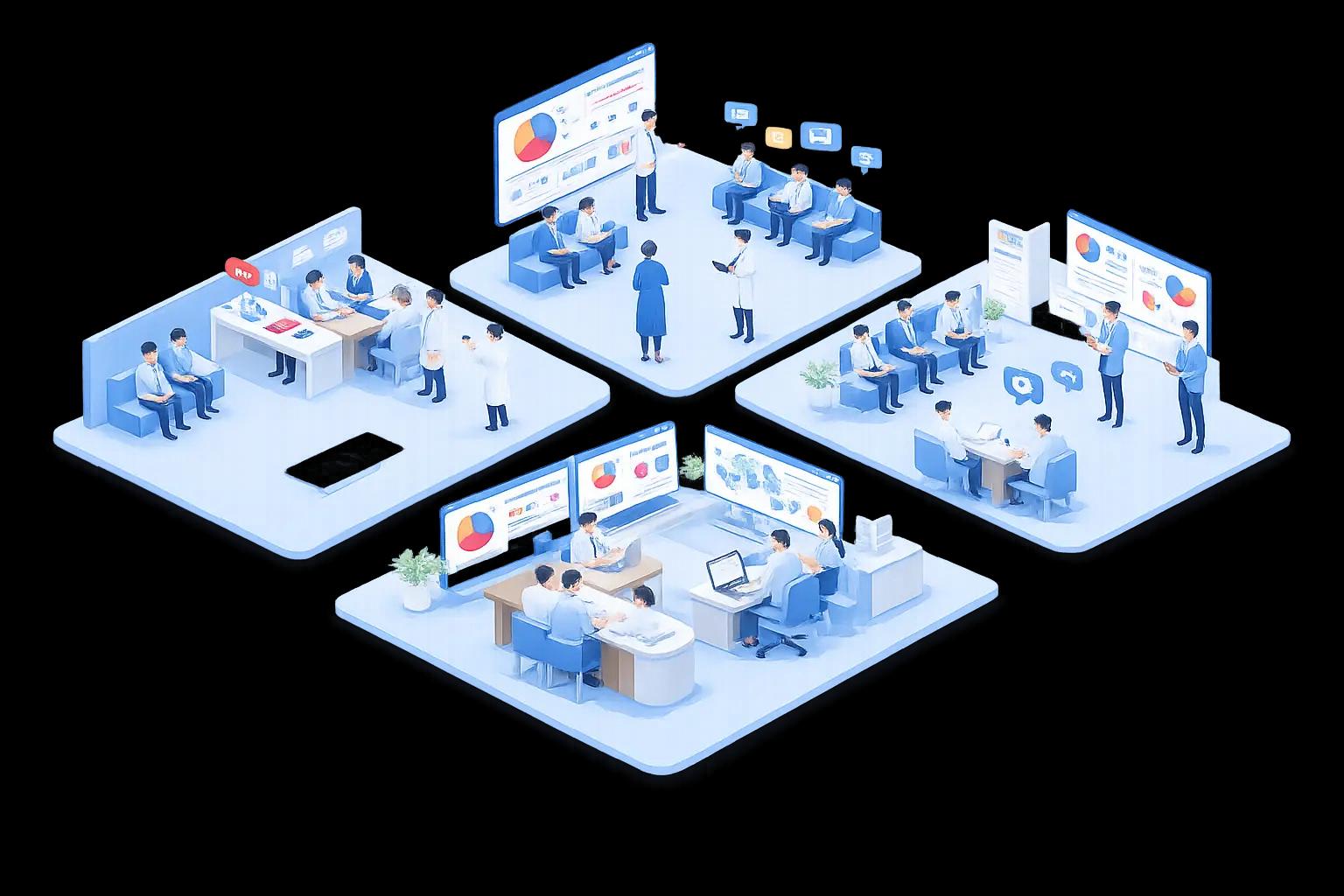 Hospital leaders and clinicians reviewing a digital patient feedback dashboard showing satisfaction scores and branch performance trends.
