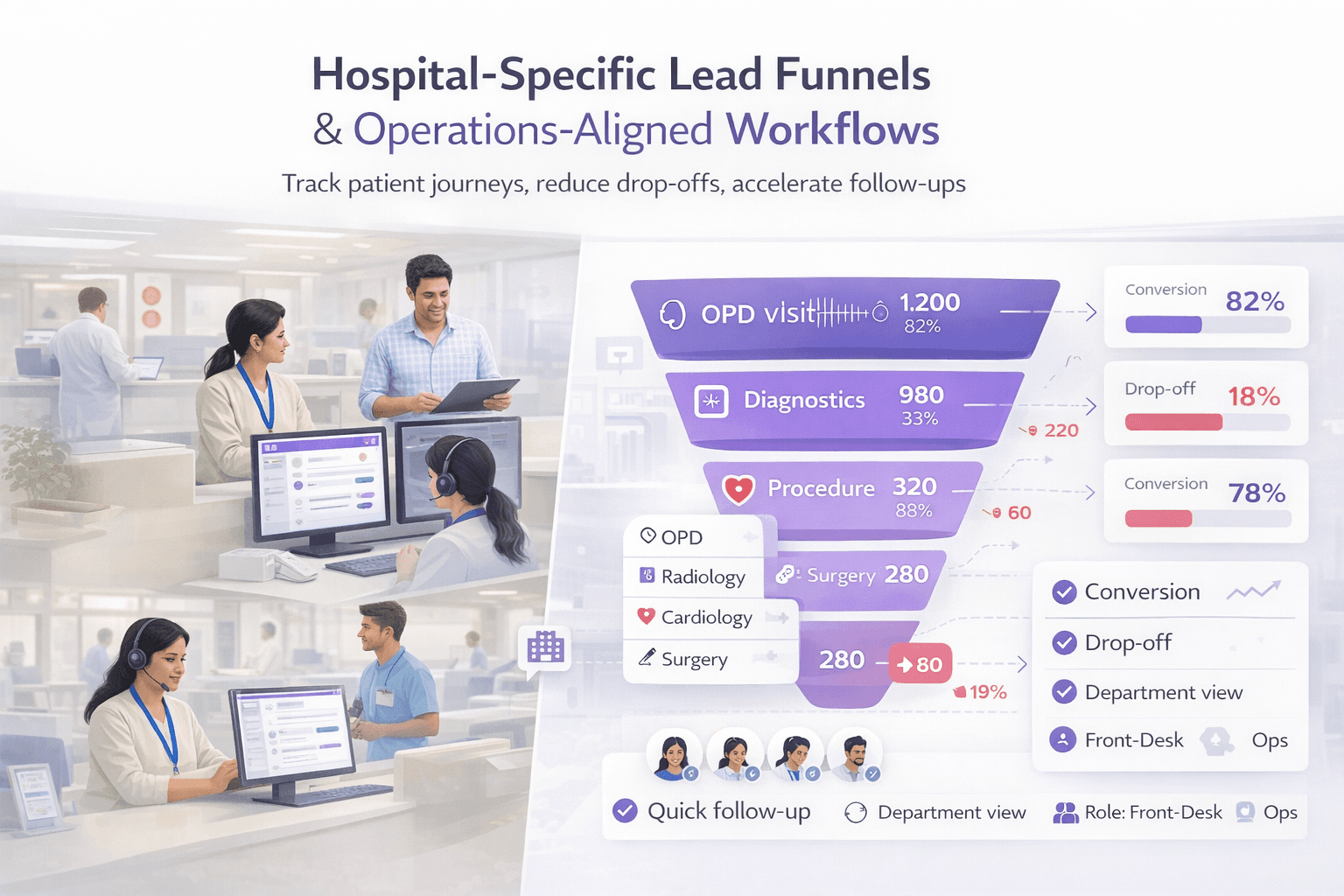Hospital lead funnel and workflow management dashboard visualization