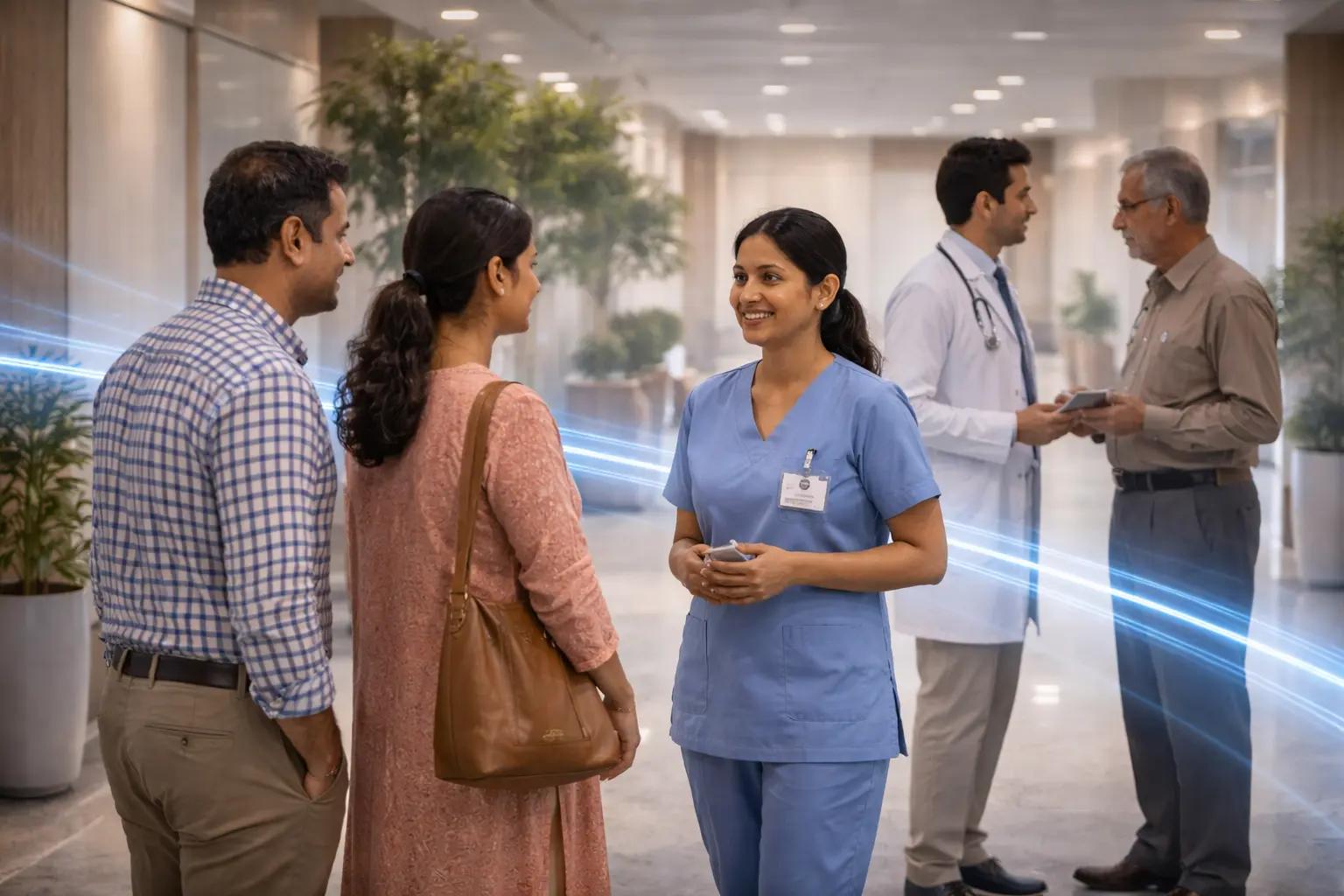 AI-assisted hospital staff guiding patients to improve experience and operational efficiency.