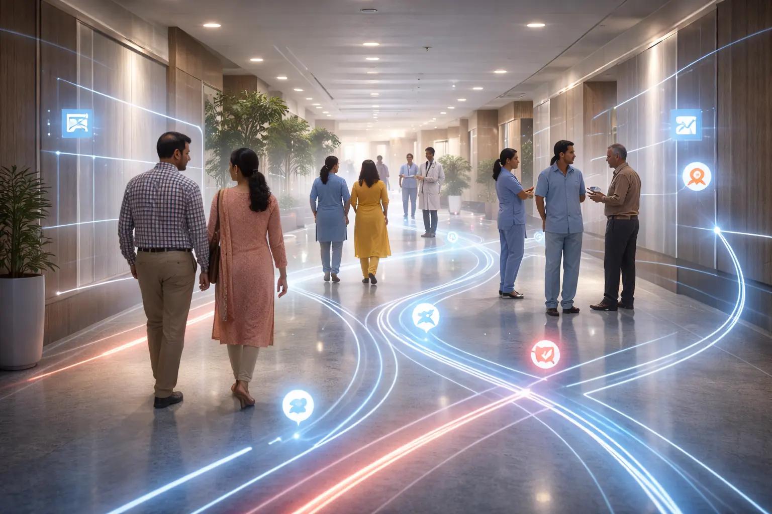 AI-enabled hospital patient journey showing guided movement and real-time workflow visibility.