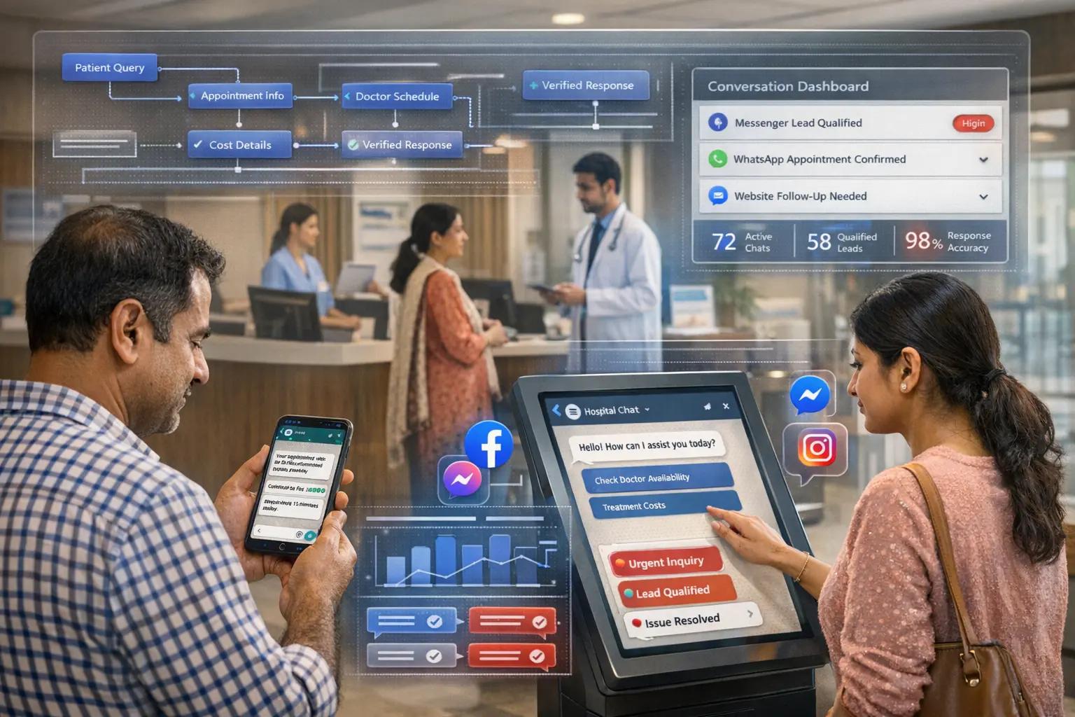 Hospital CRM dashboard showing patient enquiry tracking and analytics insights.