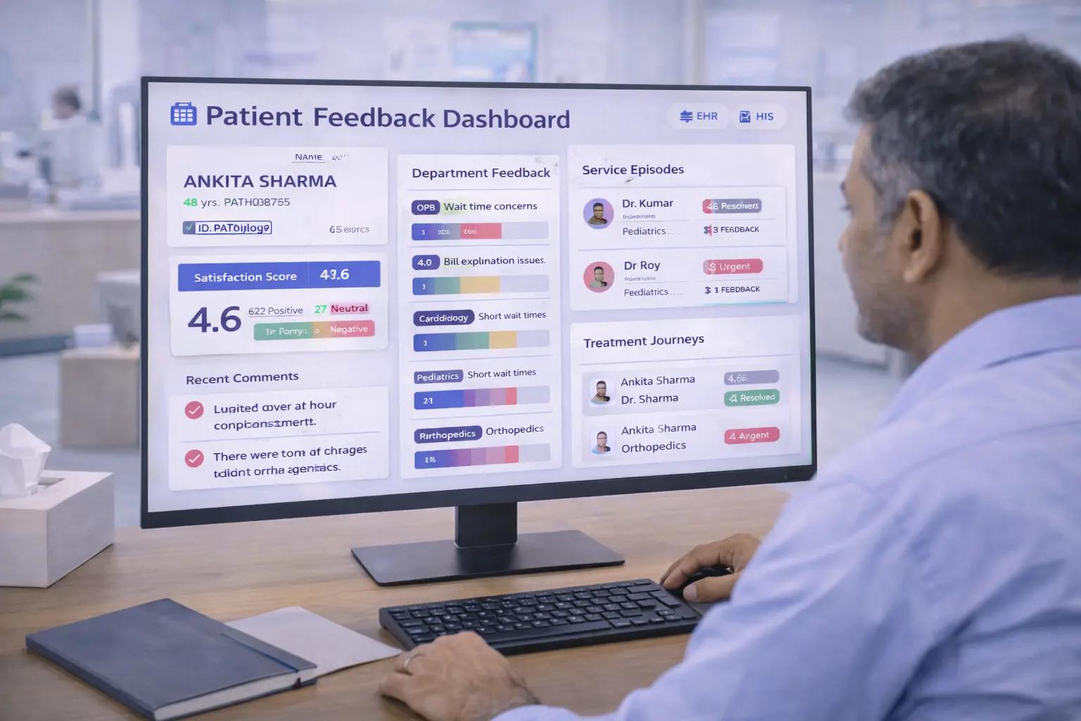 Doctor viewing a patient feedback dashboard on a computer monitor.