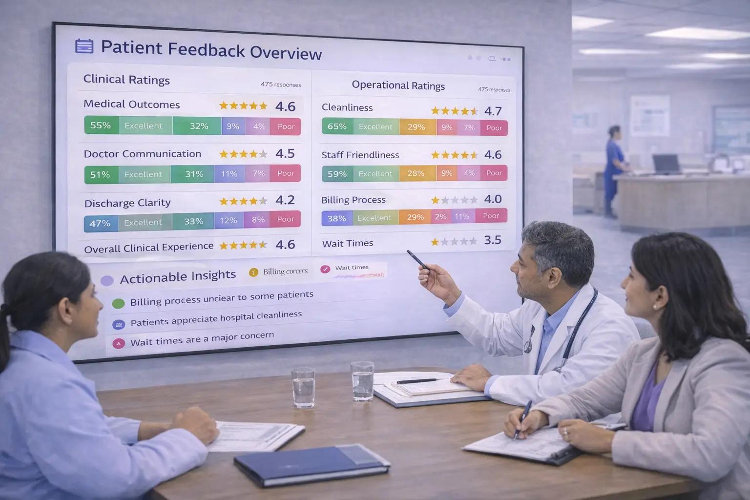 Medical team reviewing a patient feedback overview on a large display screen.