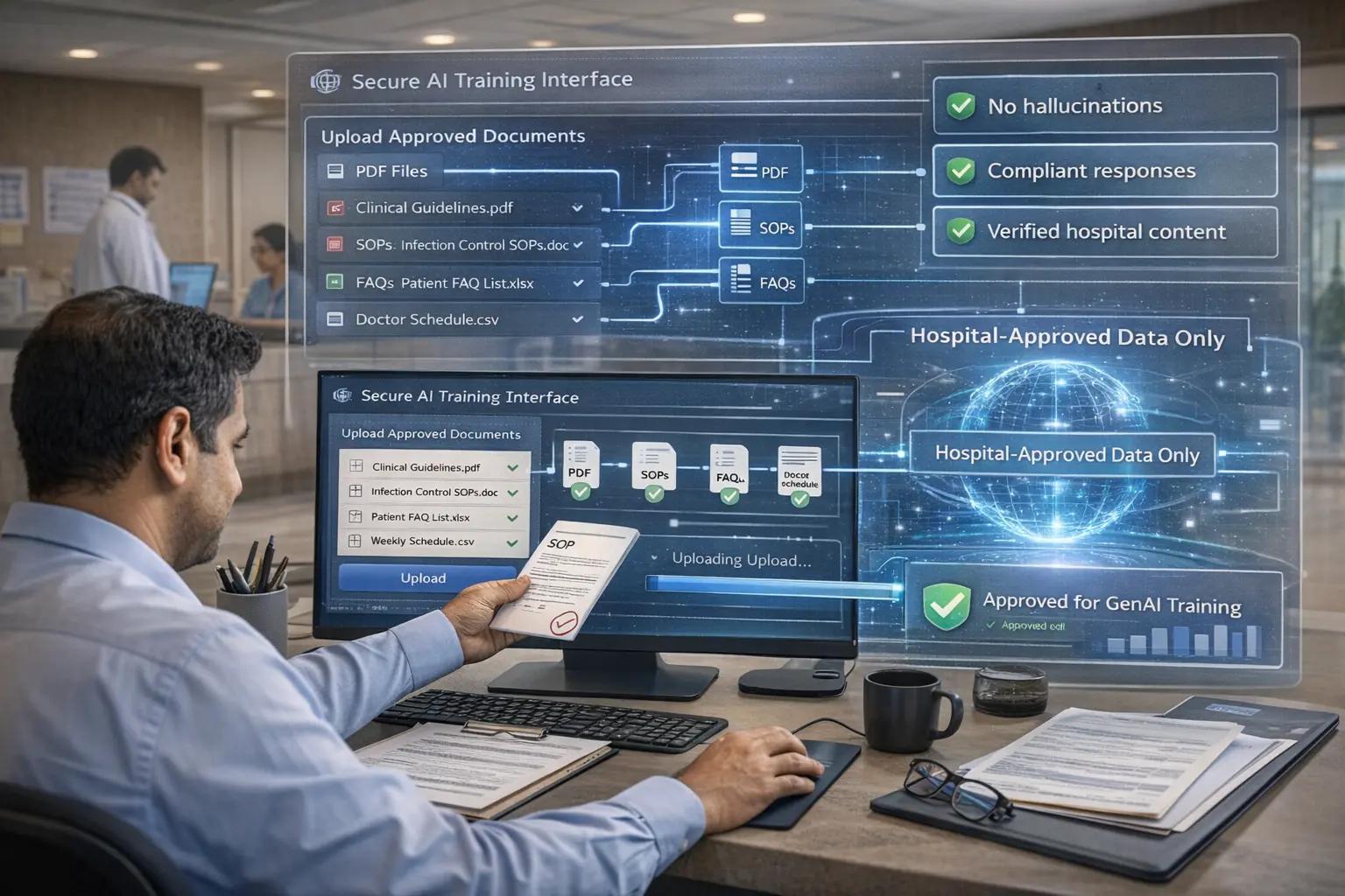 Secure AI training interface using hospital-approved documents to ensure compliant, hallucination-free responses.