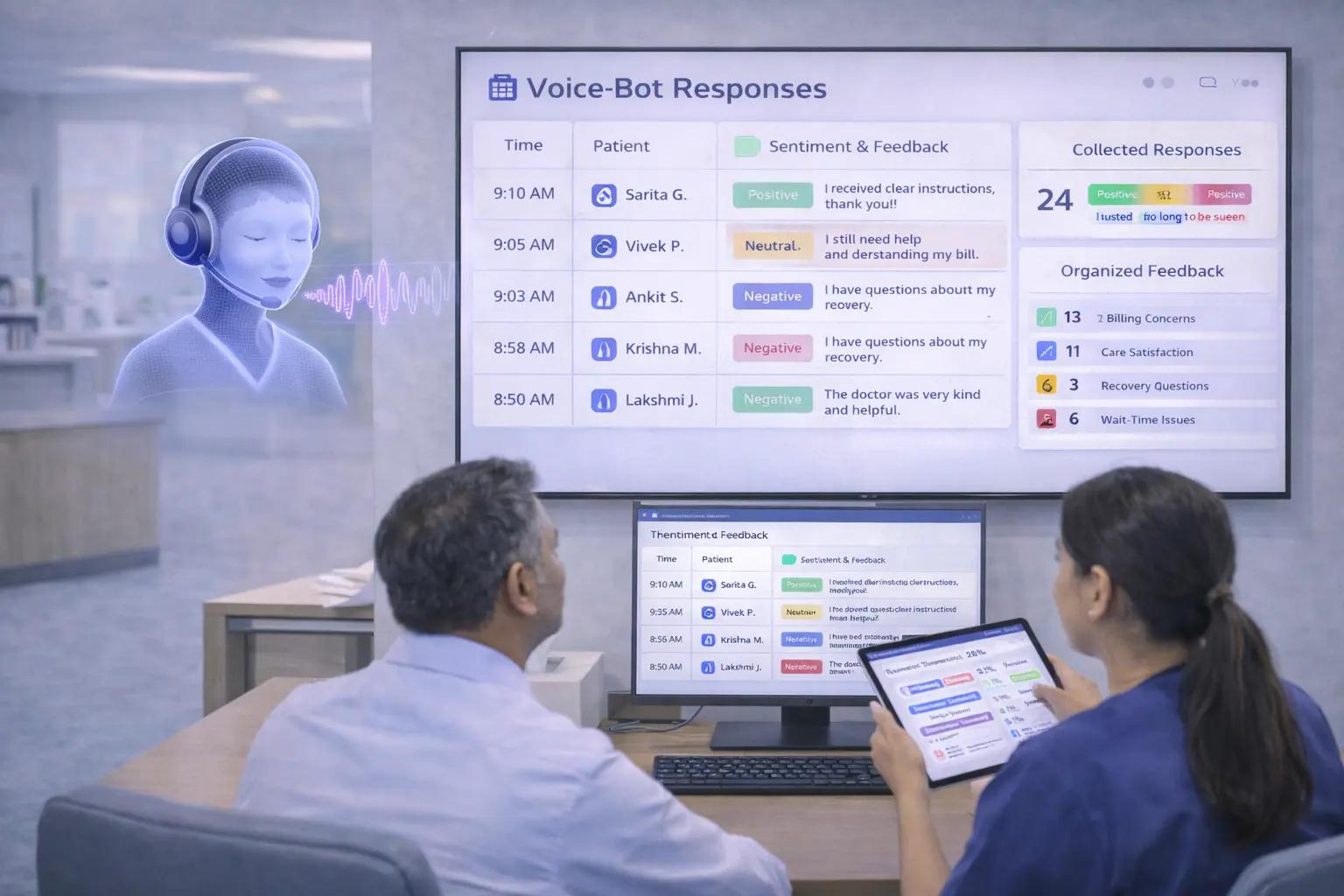 Healthcare staff analyzing voice-bot patient feedback on screens and a tablet.