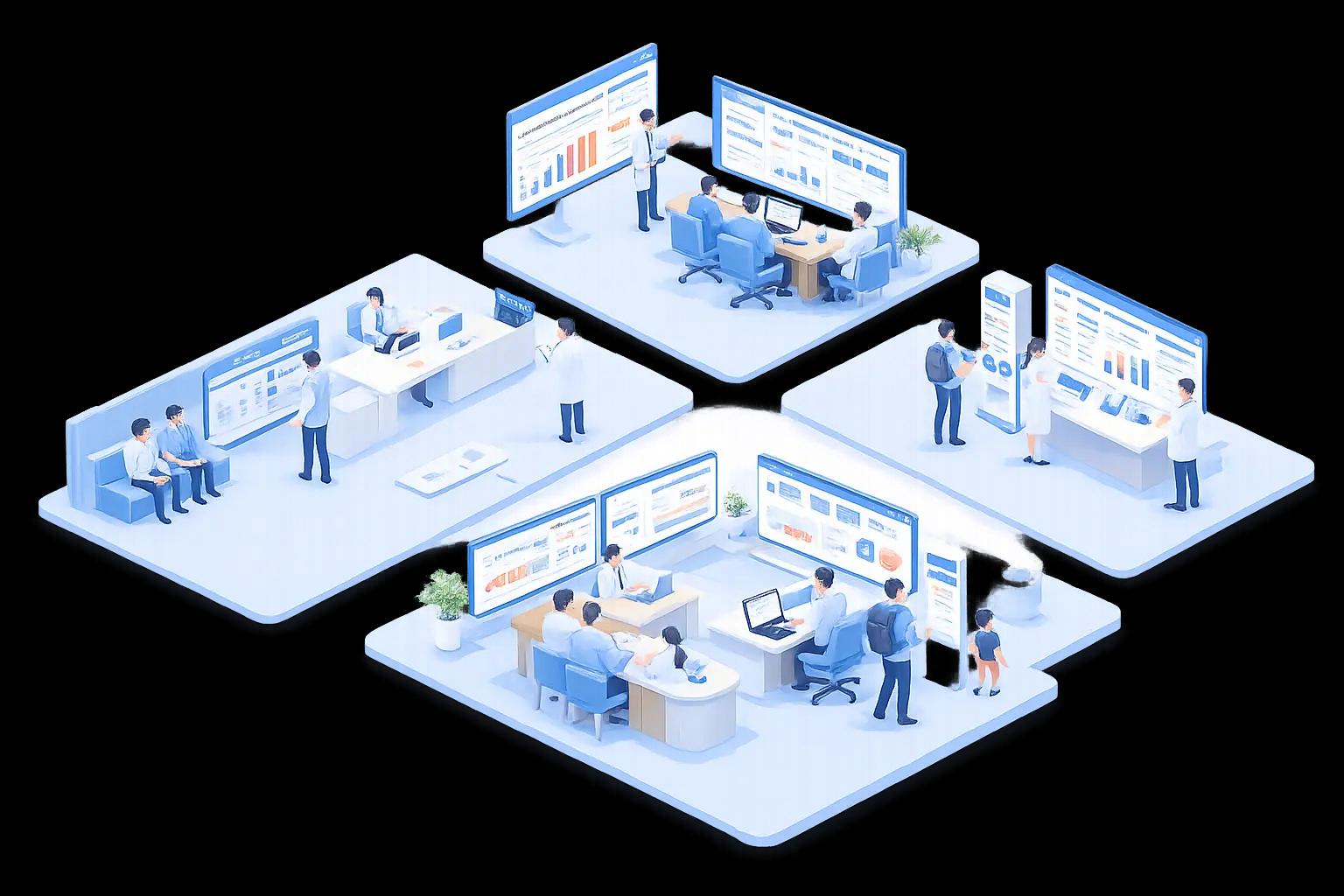 Hospital staff in a monitoring room viewing a large digital queue analytics dashboard and performance metrics
