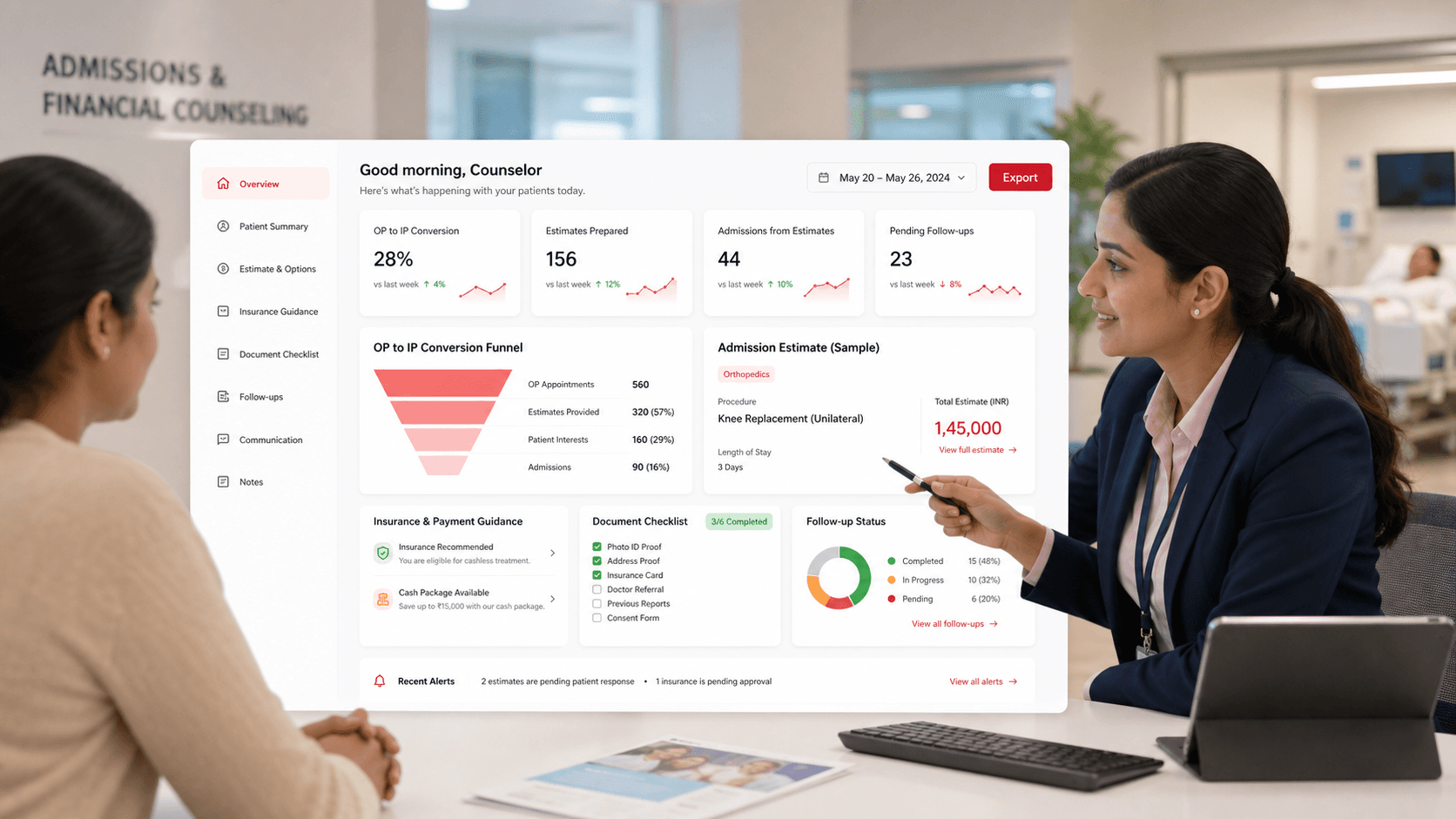 Patient financial counseling dashboard for OPD to IP conversion tracking