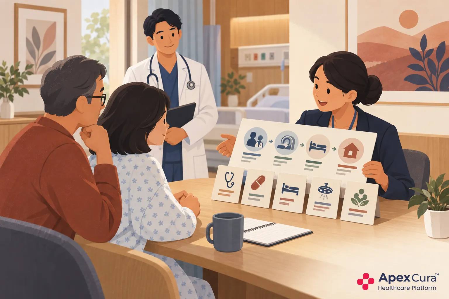 Hospital counsellor explaining treatment and estimated costs to a patient and family before admission