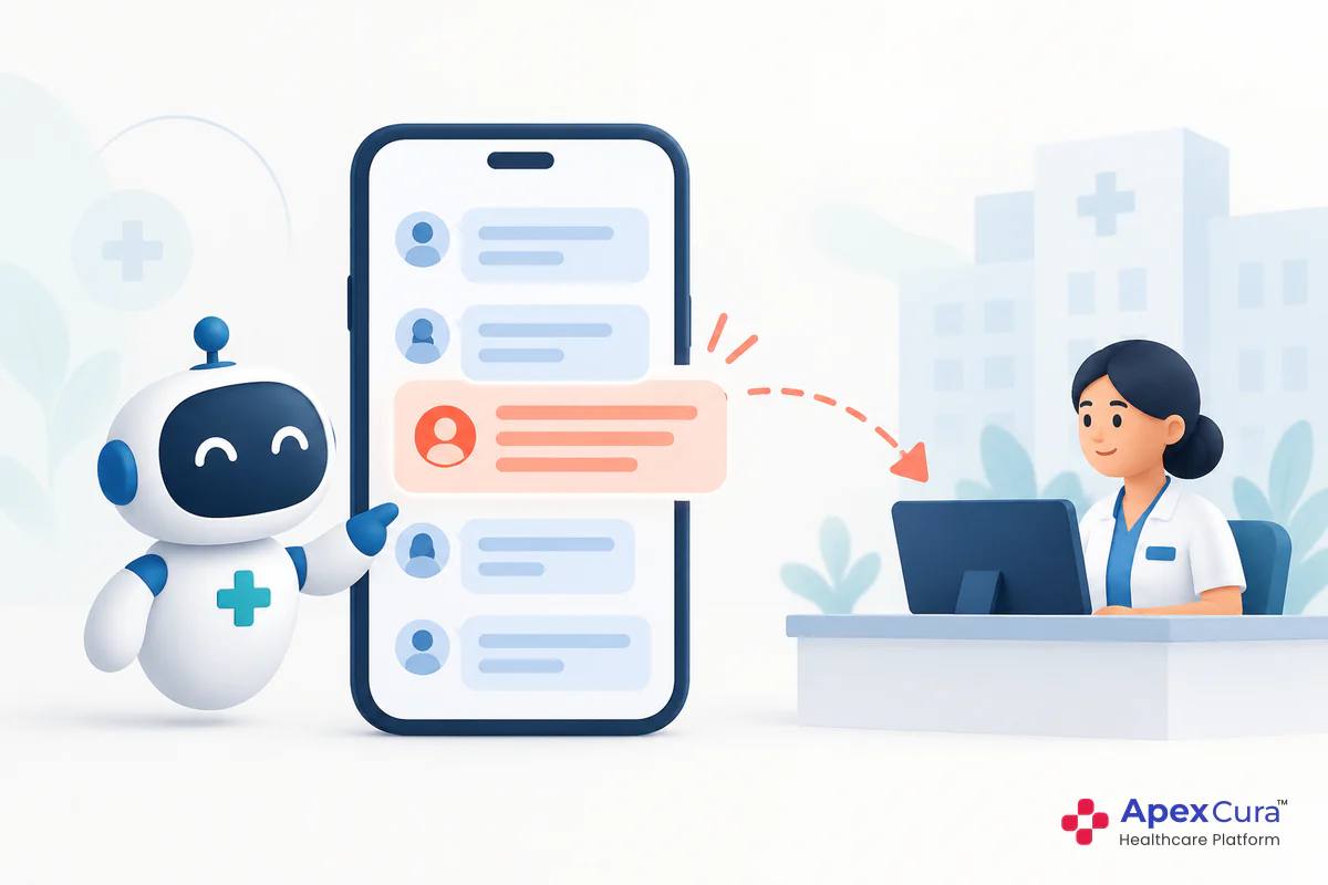 Hospital AI chatbot picking out one patient chat that contains an enquiry and passing it to a hospital team member
