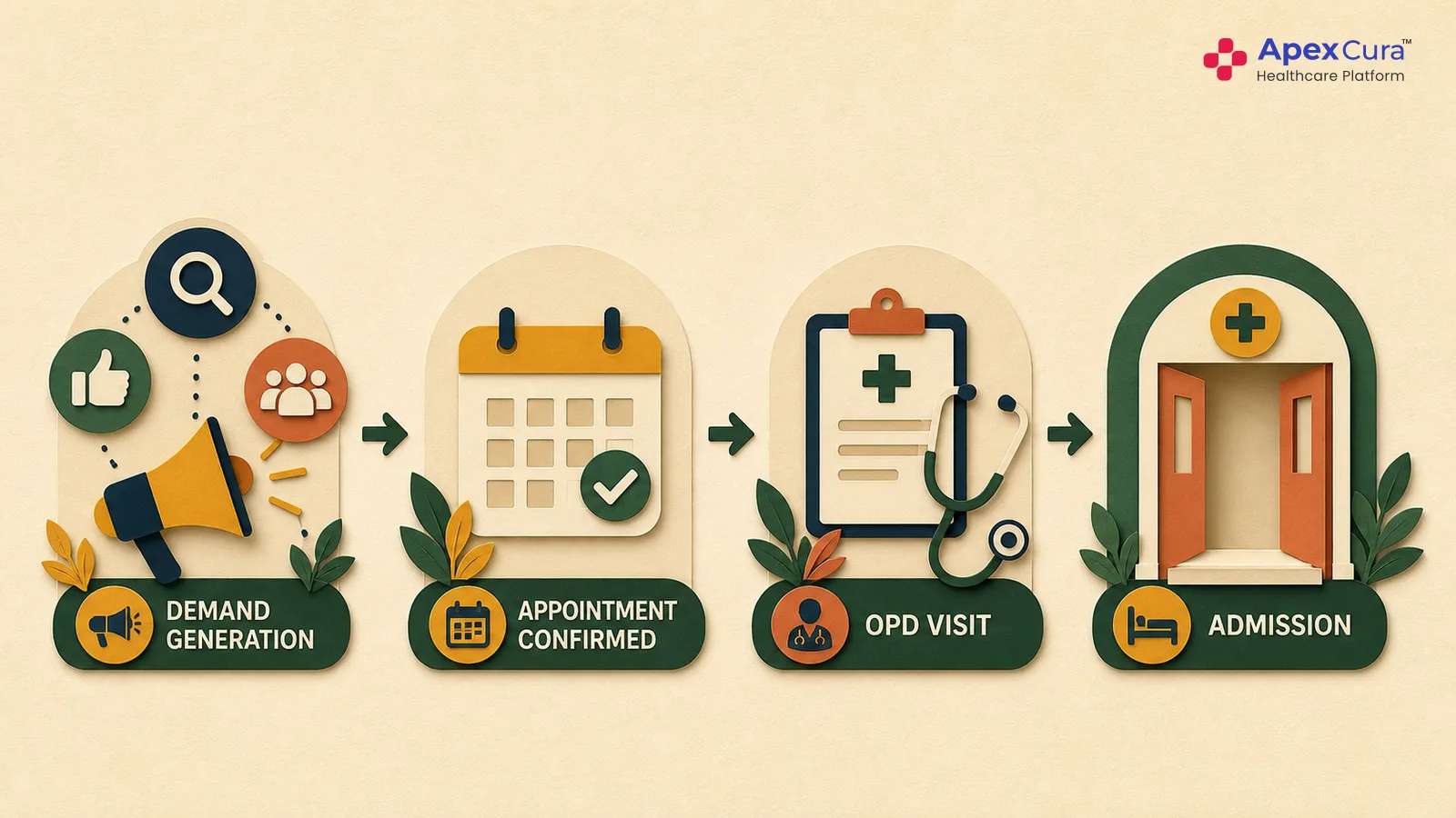 Hospital patient acquisition journey from marketing enquiry to appointment, OPD visit and admission