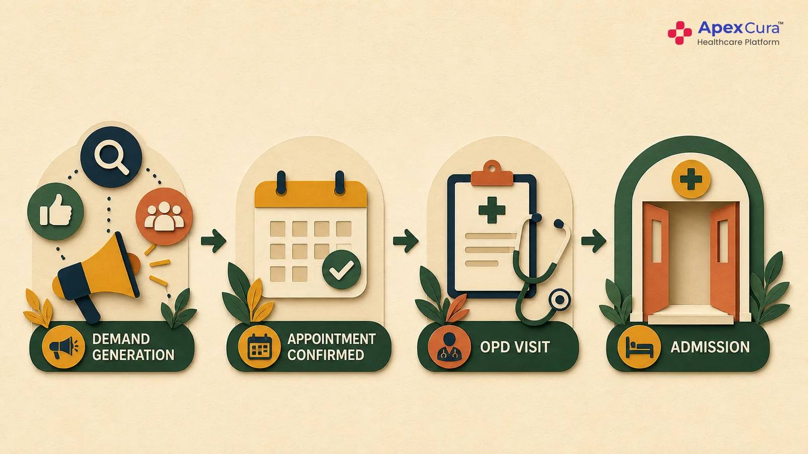 Hospital patient acquisition journey from marketing enquiry to appointment, OPD visit and admission
