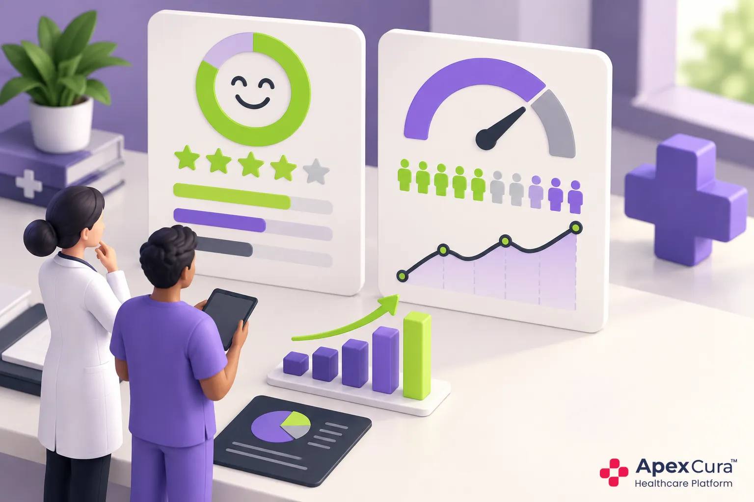 Hospital patient feedback dashboard comparing CSAT and NPS across departments and branches