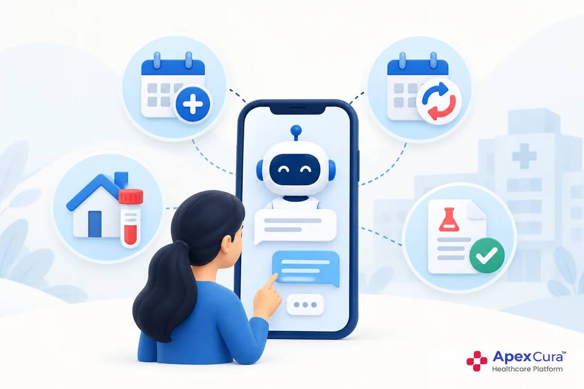Patient using a hospital chatbot to book or reschedule an appointment, arrange a home sample pickup and receive a lab report