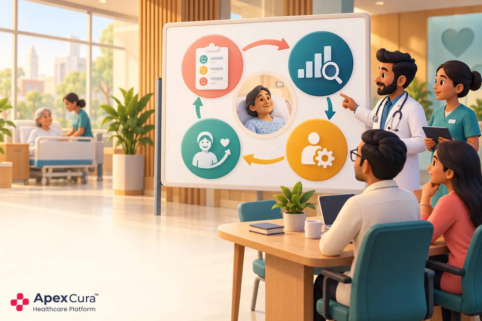 Hospital leadership reviewing patient feedback and assigning patient experience improvement actions