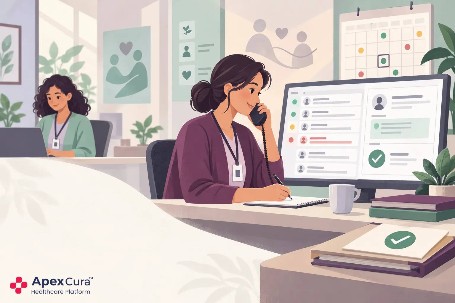 Hospital counsellor reviewing due and overdue OPD-to-IP patient follow-ups on a worklist