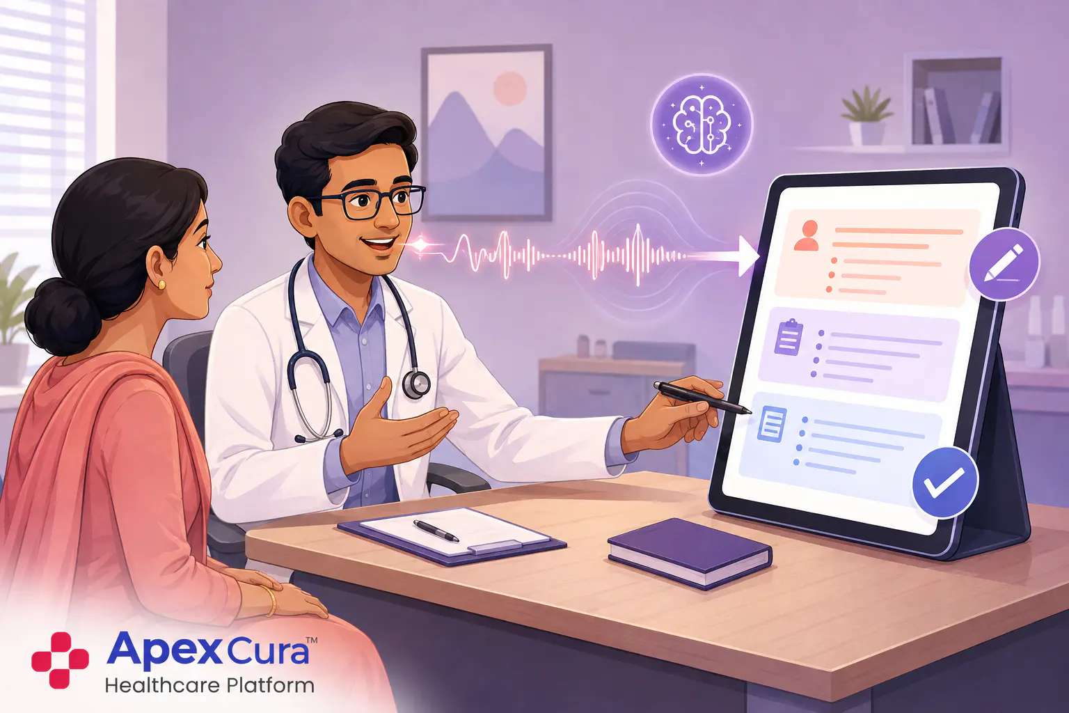 Hospital doctor using voice-to-prescription AI to create a structured prescription draft for clinical review