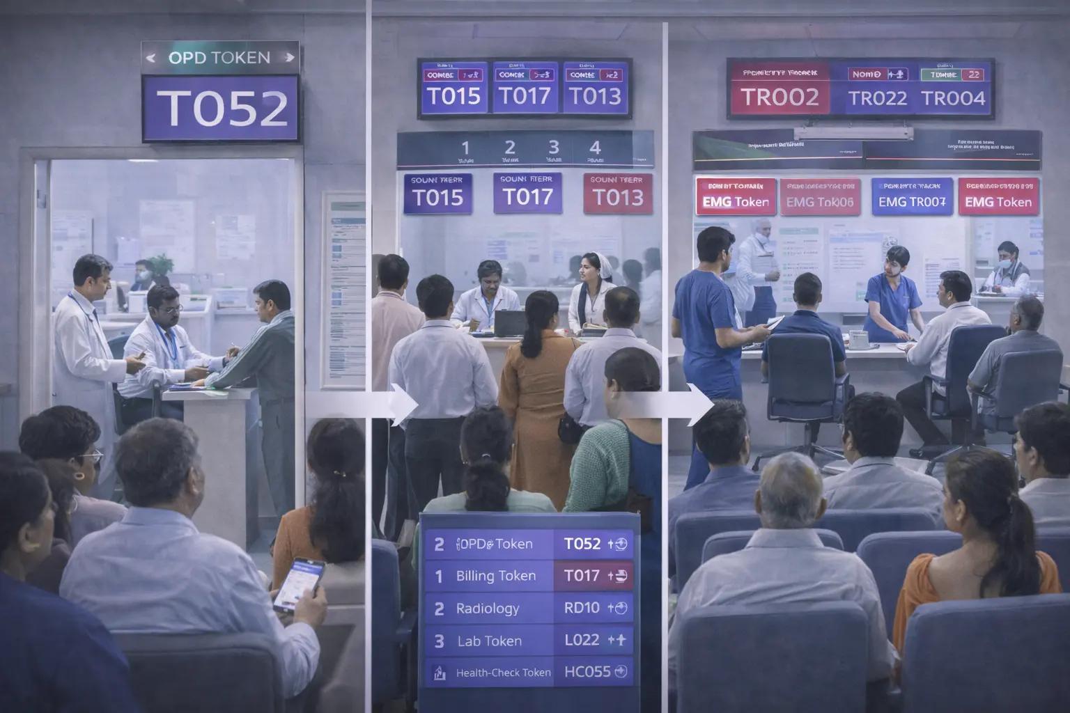 OPD waiting area with digital token displays and organized queues