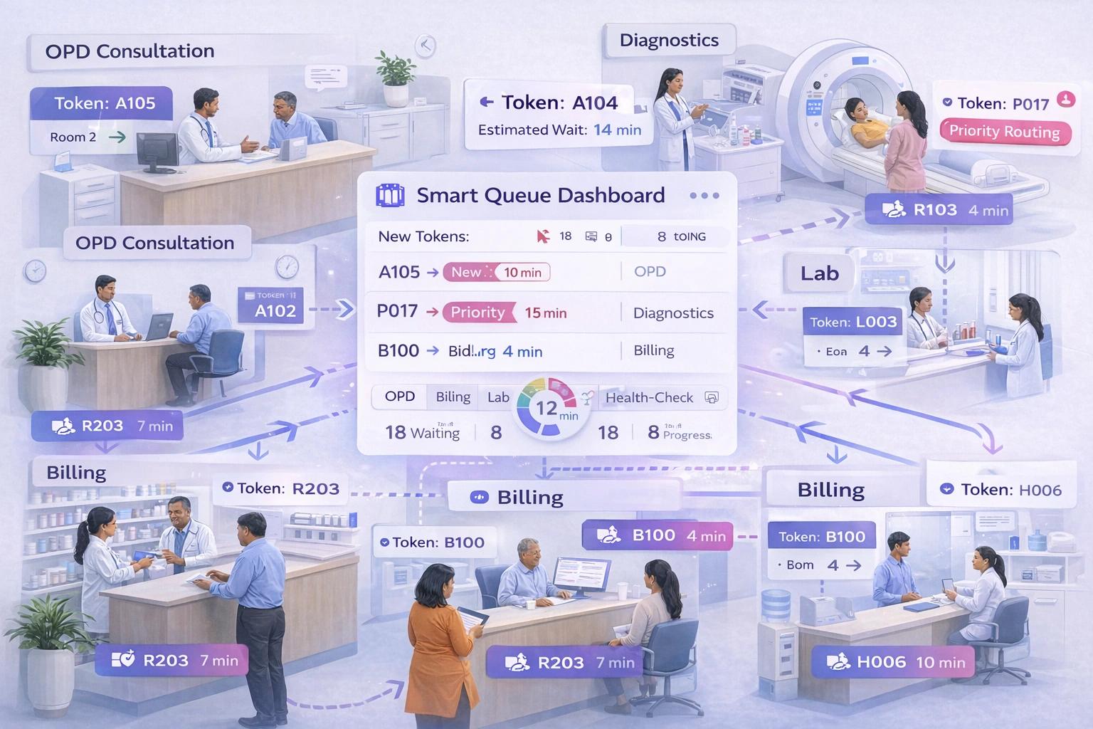 Smart hospital queue dashboard showing patient flow across OPD, diagnostics, lab and billing
