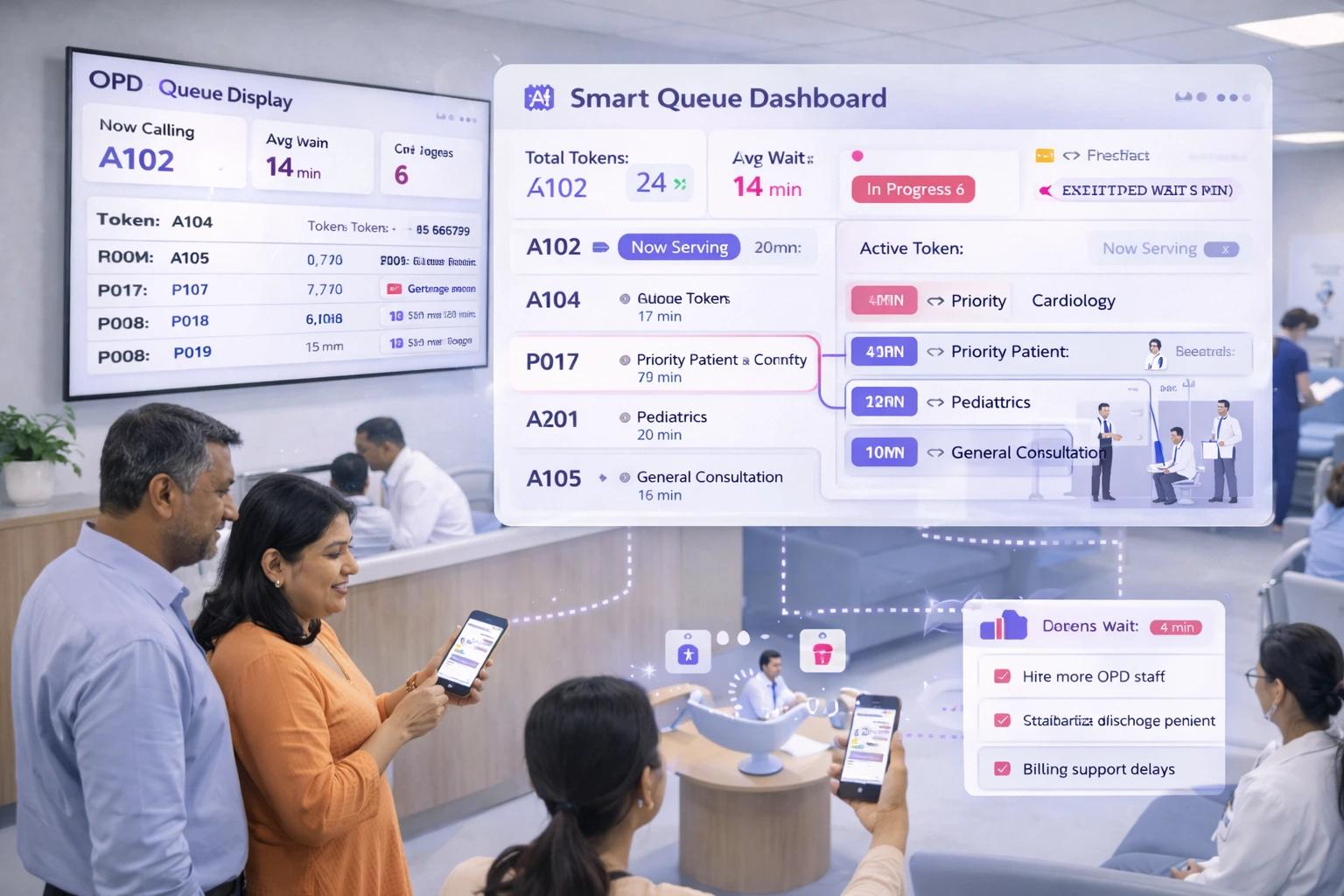 Smart OPD queue management dashboard displaying live tokens, wait times, and priority patients